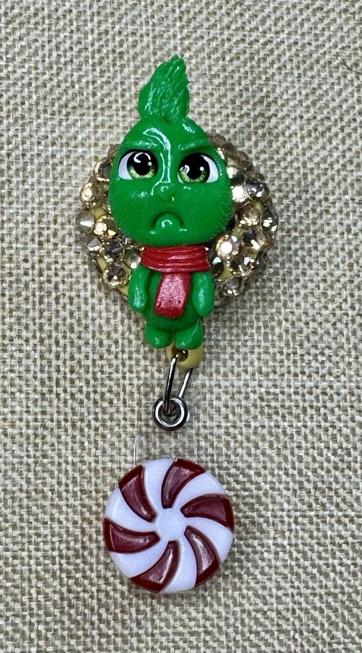 Grinch Badge Reel with Gold Rhinestones Retractable ID Badge Alligator Clip
